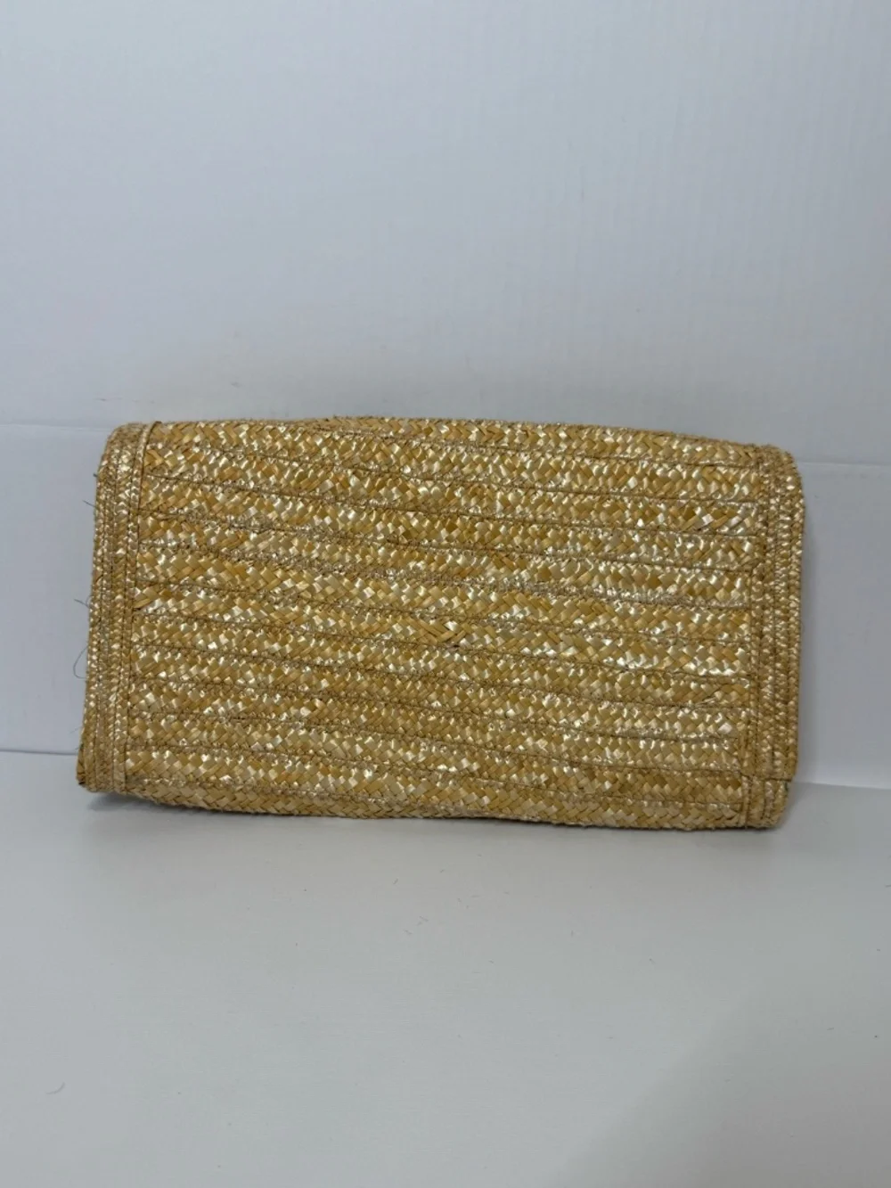 Ann Taylor Straw Raffia Clutch Black Pom Pom Fold Over Envelope Bag